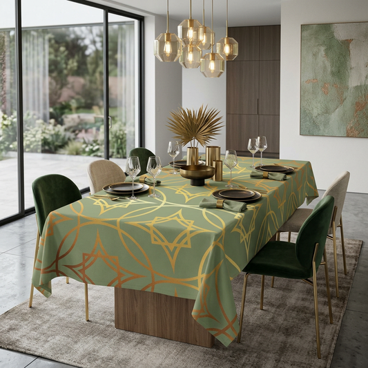 Gilded Geometric Tablecloth — Sage Green & Gold for Dining & Events