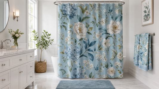 Blue Vintage Hydrangea & Peony Shower Curtain
