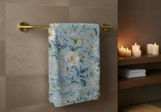 Blue Vintage Hydrangea & Peony Cotton Towel
