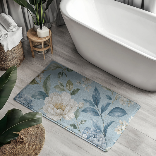 Blue Vintage Hydrangea & Peony Bathroom Rug