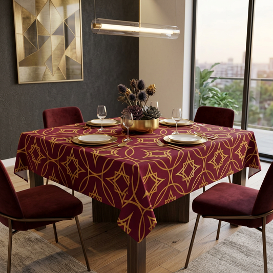 Gilded Geometric Tablecloth — Burgundy & Gold Dining Decor