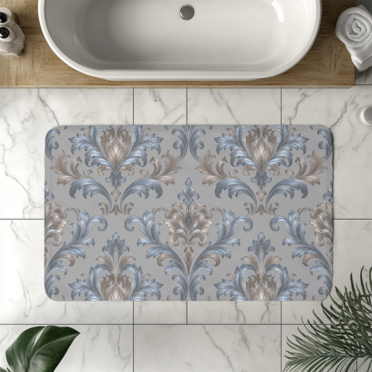 Elegant Blue Gray Damask Bath Mat — Vintage Floral Non-Slip Bath Rug
