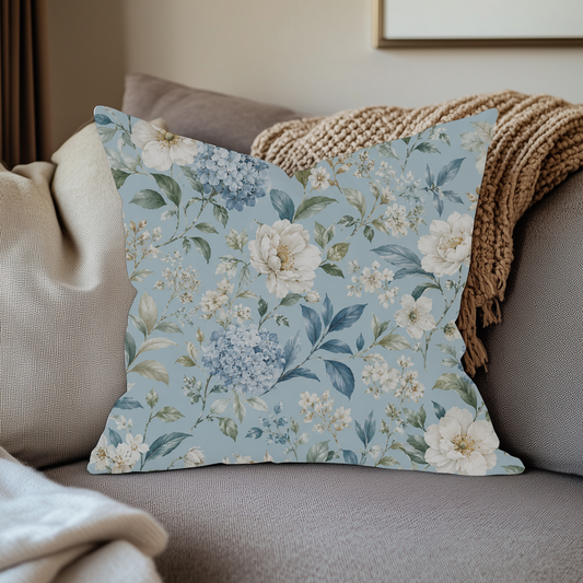 Blue Vintage Hydrangea & Peony Decorative Pillow
