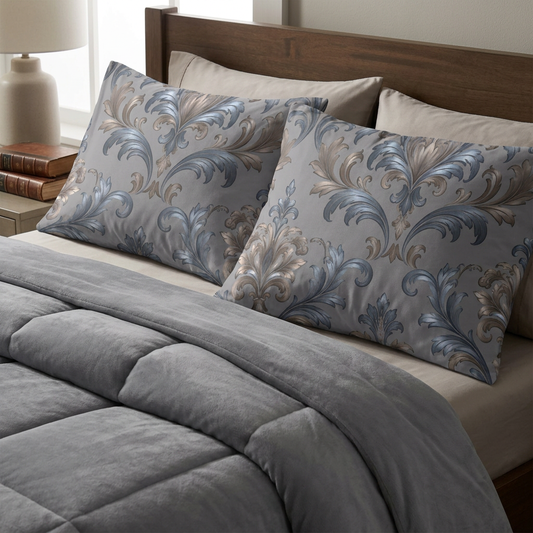 Elegant Blue and Gray Damask Motif Microfiber Pillowcase