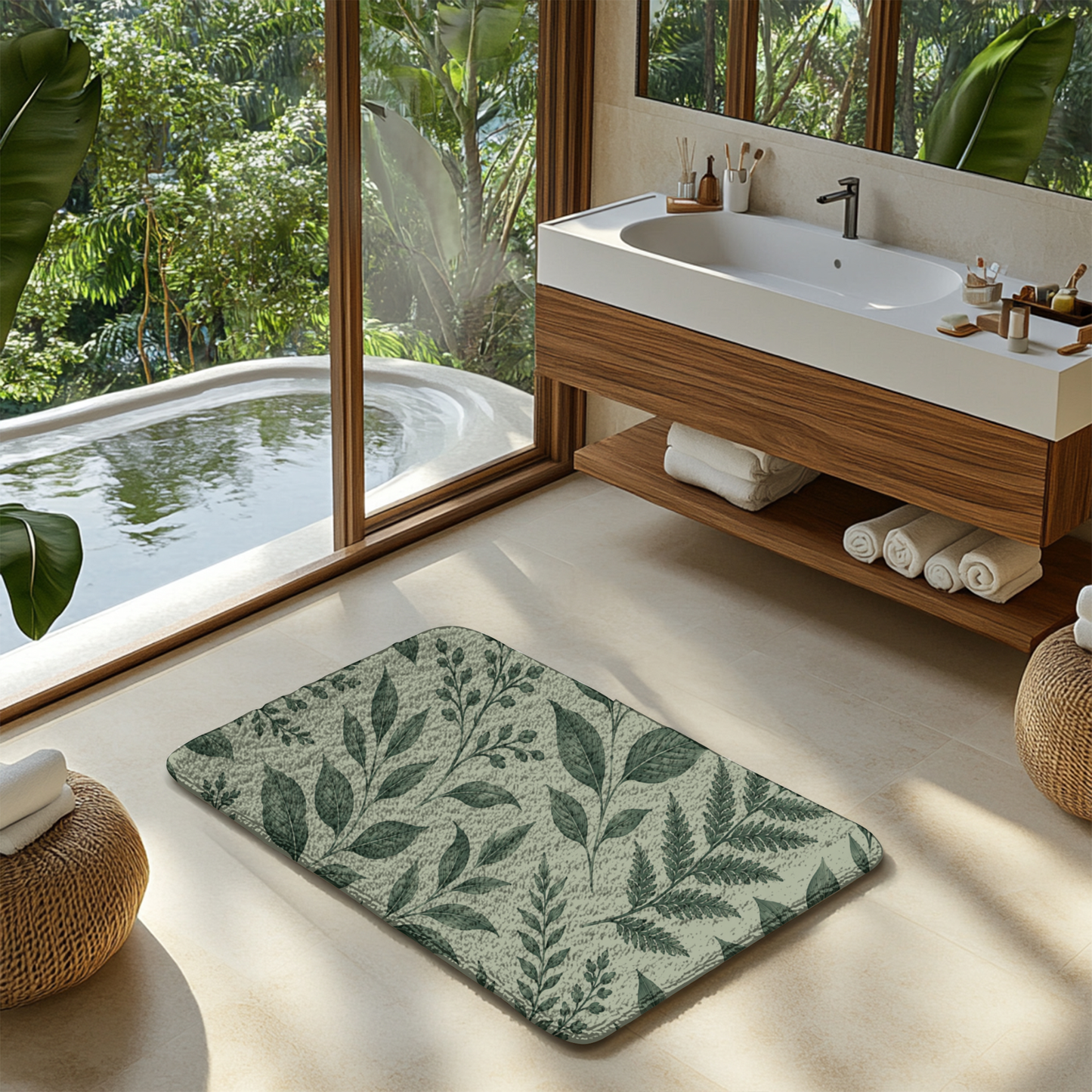 Botanical Green Leaf Bath Mat — Fern Pattern Bathroom Rug