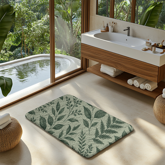 Botanical Green Leaf Bath Mat — Fern Pattern Bathroom Rug