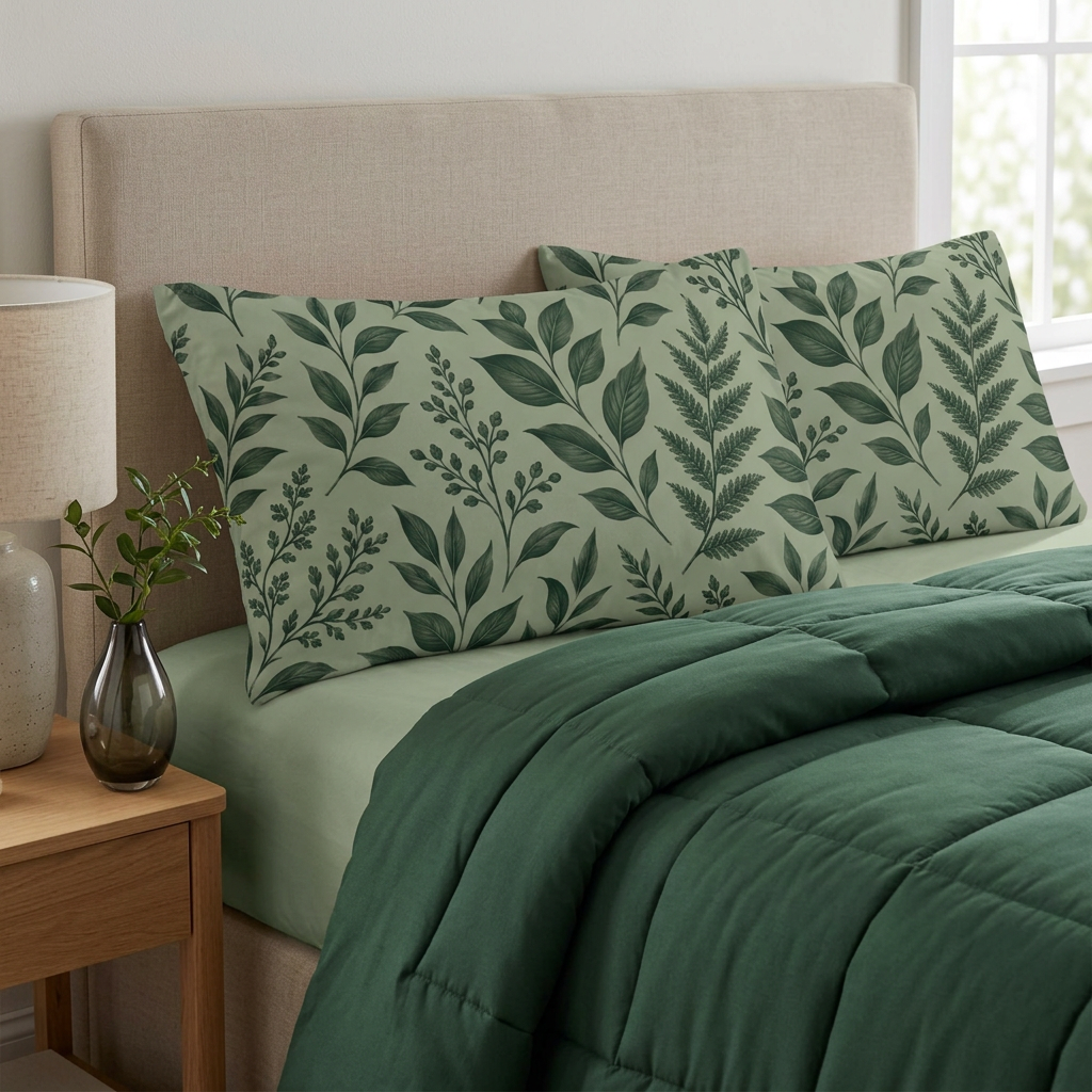 Botanical Green Leaf Microfiber Pillowcase — Leaf Pattern Decorative Pillowcase