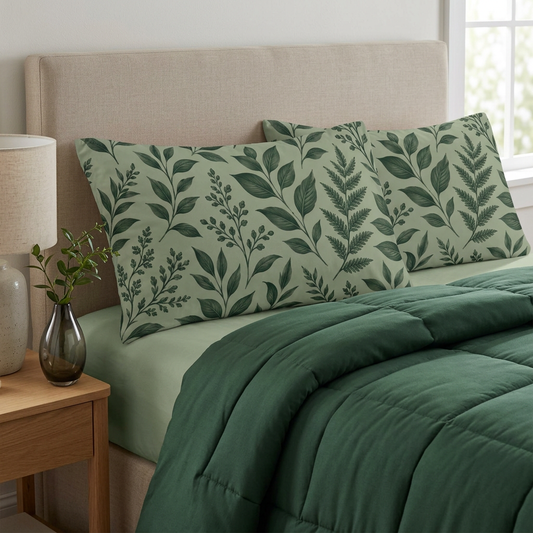 Botanical Green Leaf Microfiber Pillowcase — Leaf Pattern Decorative Pillowcase