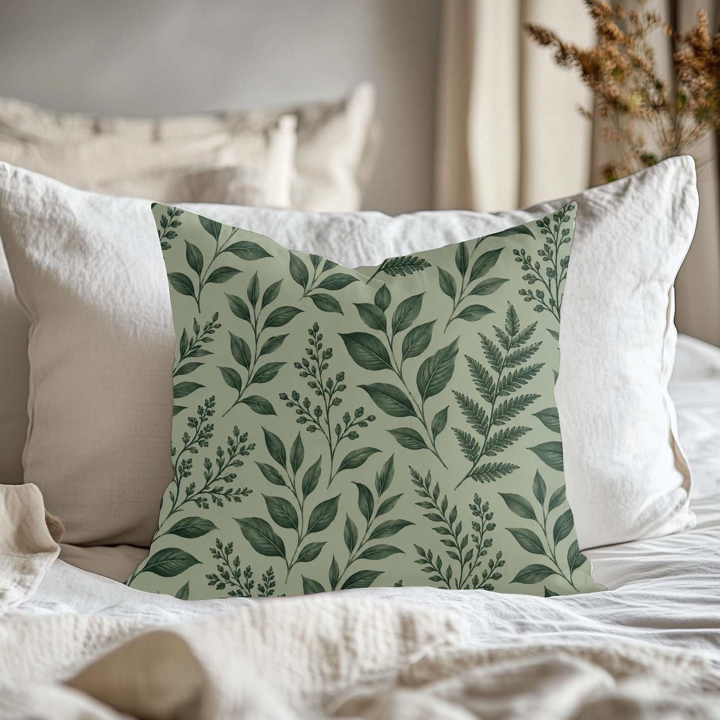 Botanical Green Leaf Velvet Pillow - Decorative Throw Cushion