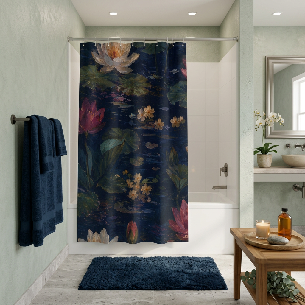 Dark Blue Lotus Pond Shower Curtain — Dark Botanical Bathroom Decor