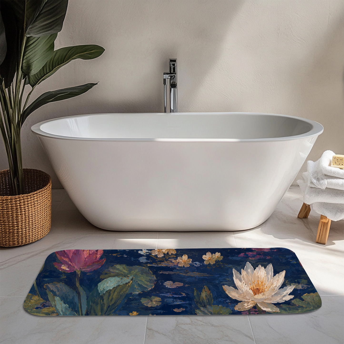 Dark Blue Lotus Pond Bath Mat