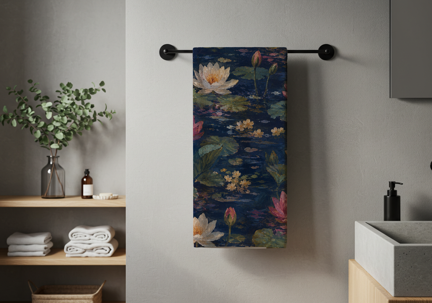 Dark Blue Lotus Pond Design - Bath Towel