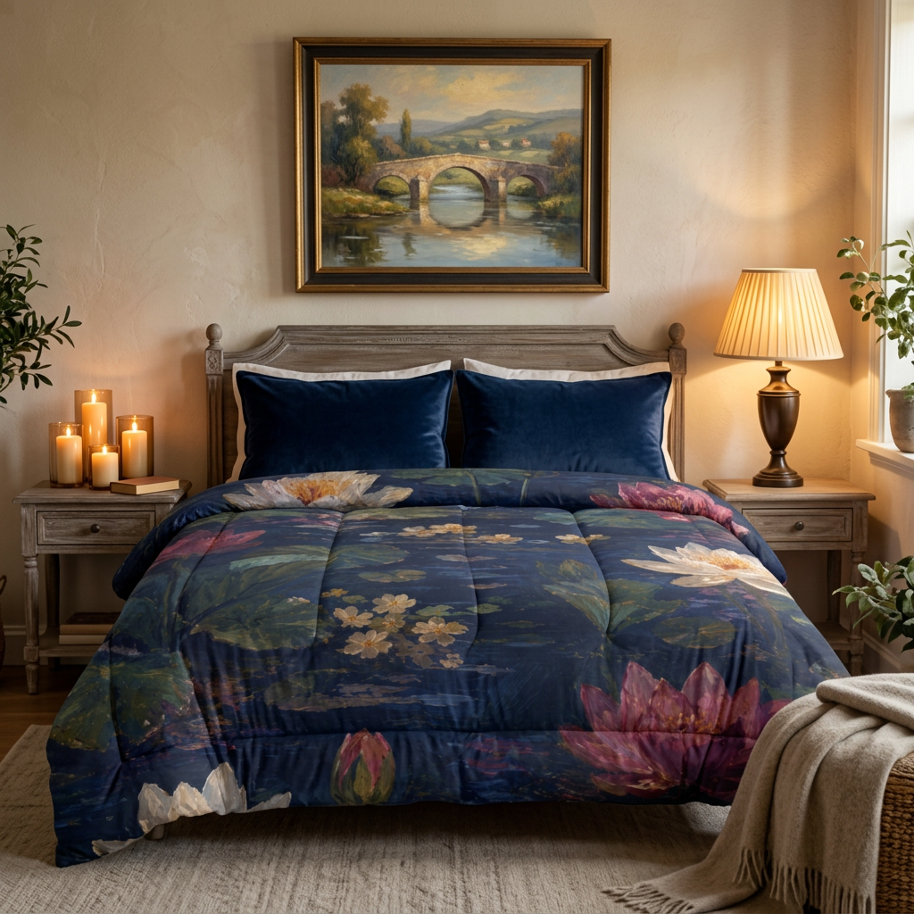 Dark Blue Lotus Pond - Floral Bedspread