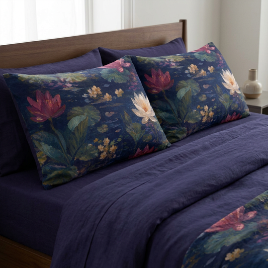 Dark Blue Lotus Pond Microfiber Pillow Cover