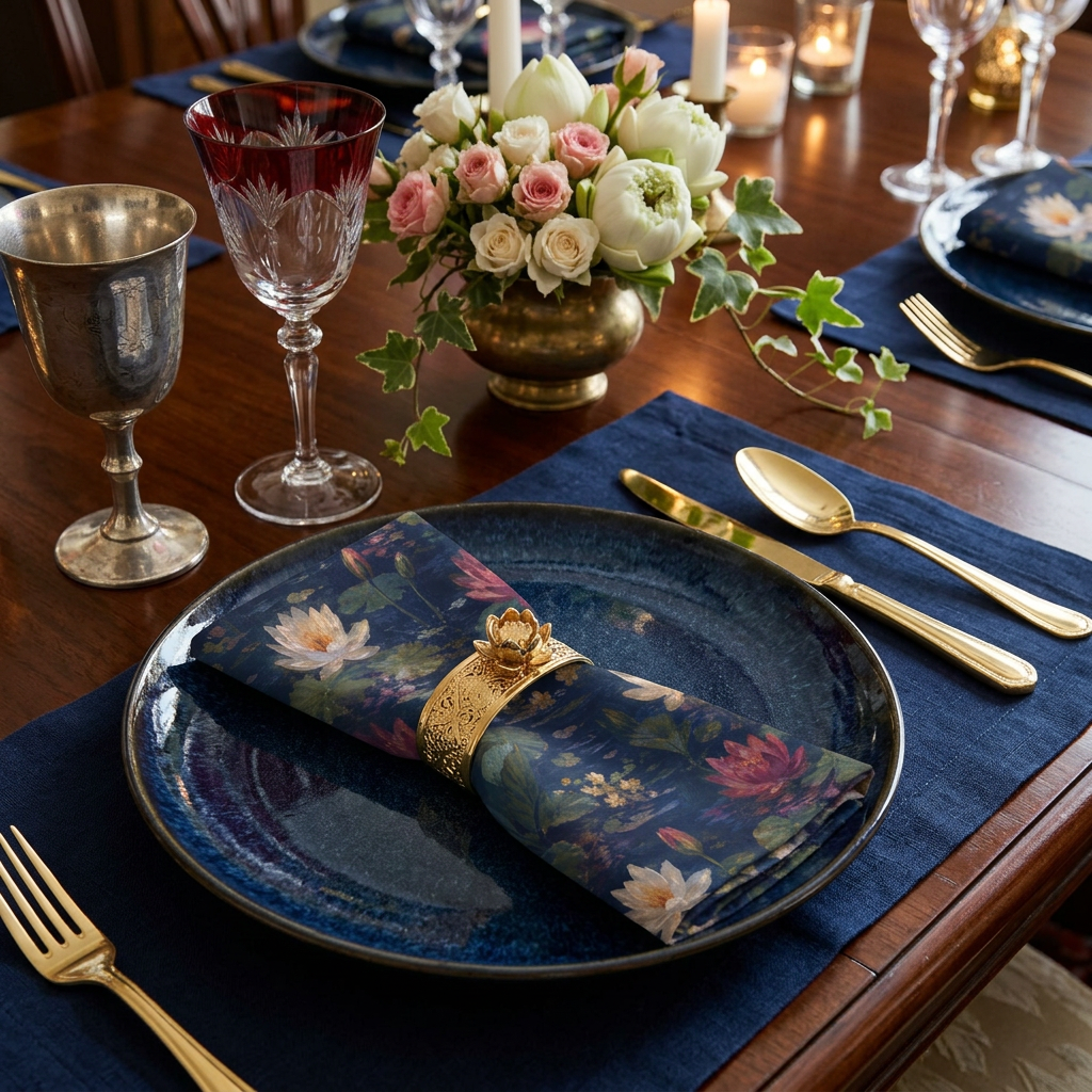 Dark Blue Lotus Pond Napkins - Set of 4, Vintage Botanical Dinner Napkins