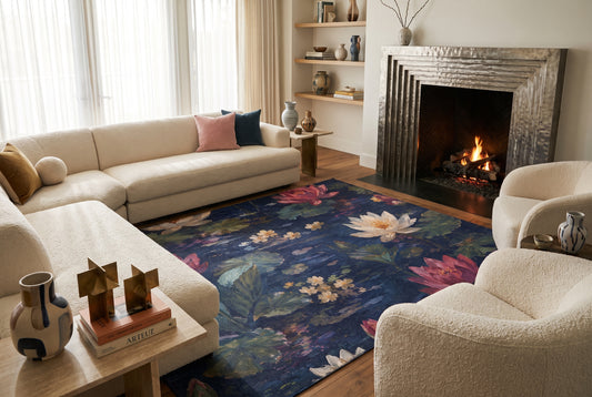 Dark Blue Lotus Pond — Floral Cottagecore Accent Rug