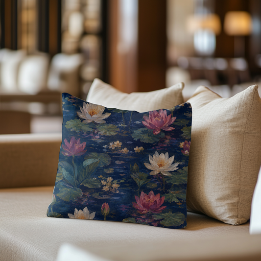 Dark Blue Lotus Pond Decorative Pillow — Floral Vintage Botanical Throw Pillow