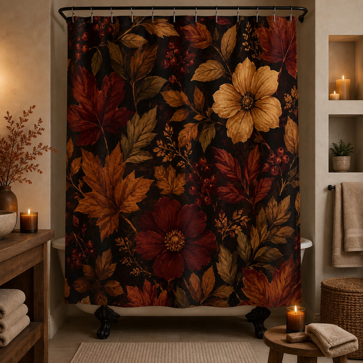 Rustic Fall Shower Curtain — Fall Leaves & Flowers Bathroom Decor
