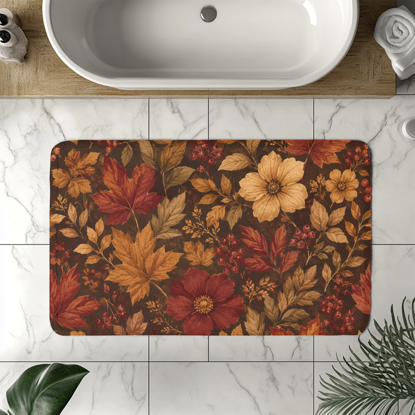 Rustic Fall Leaves & Floral Bathroom Rug