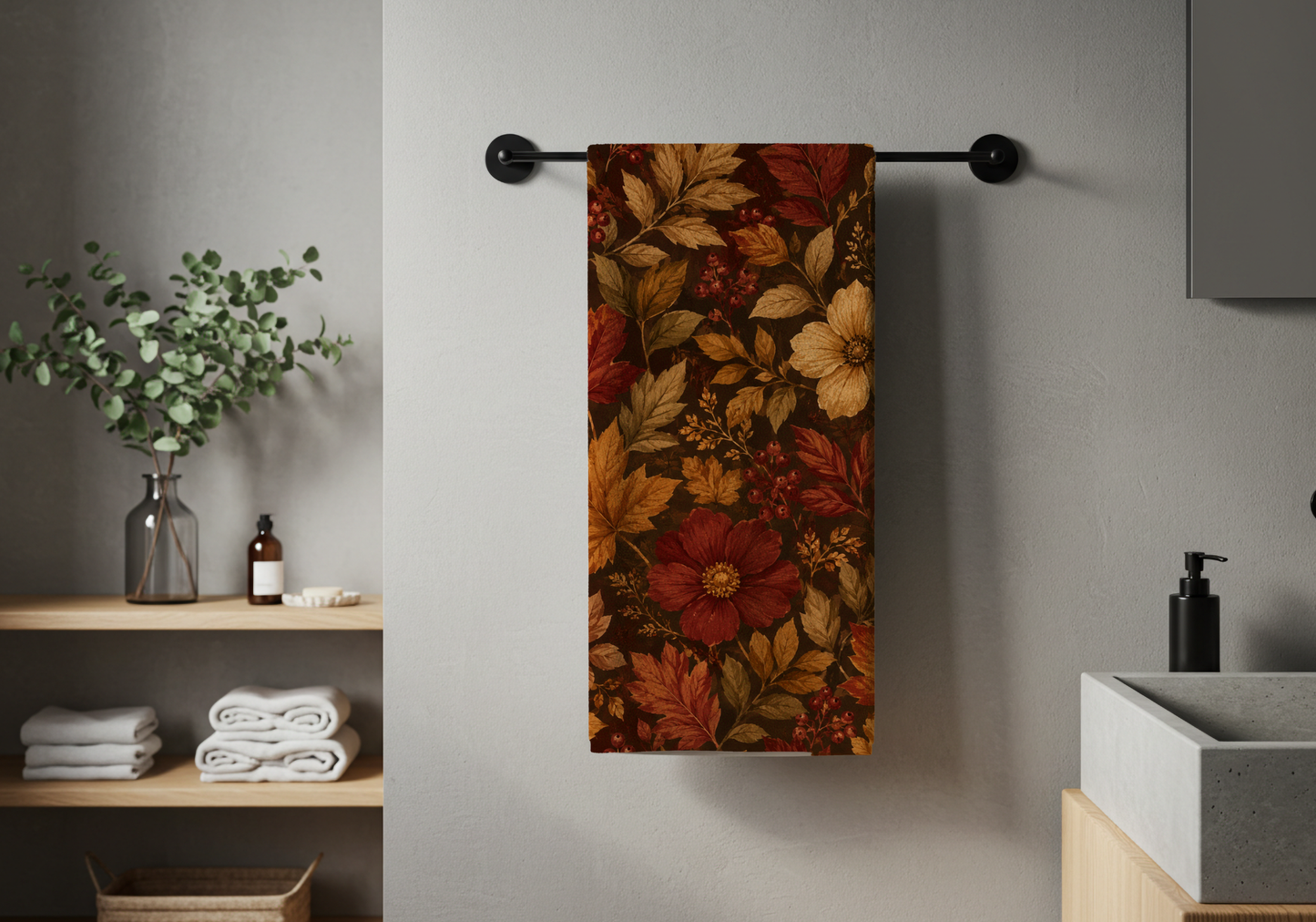 Rustic Fall Cotton Towel — Vintage Leaves & Blooms