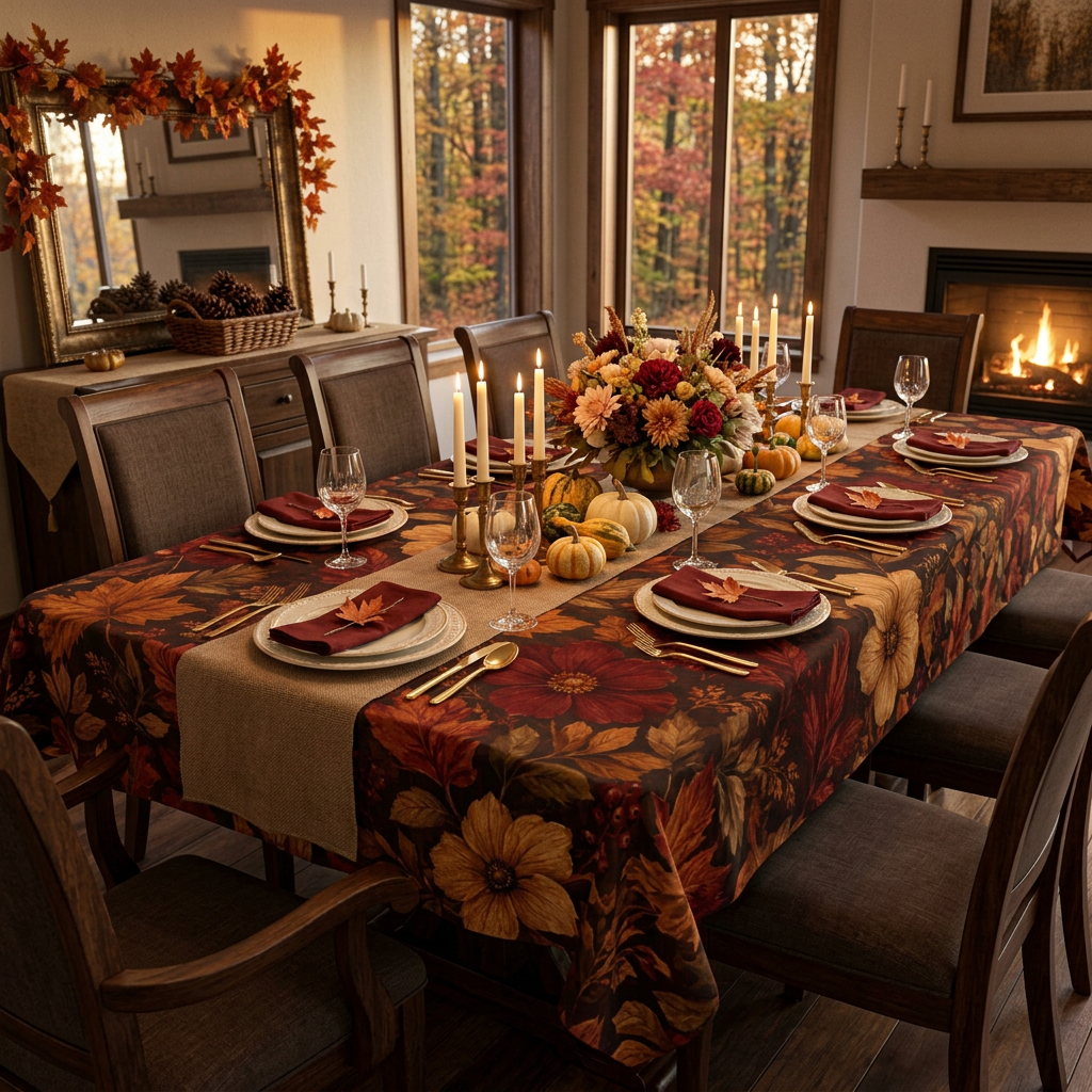Rustic Fall Tablecloth - Fall Leaves & Berries Autumn Decor