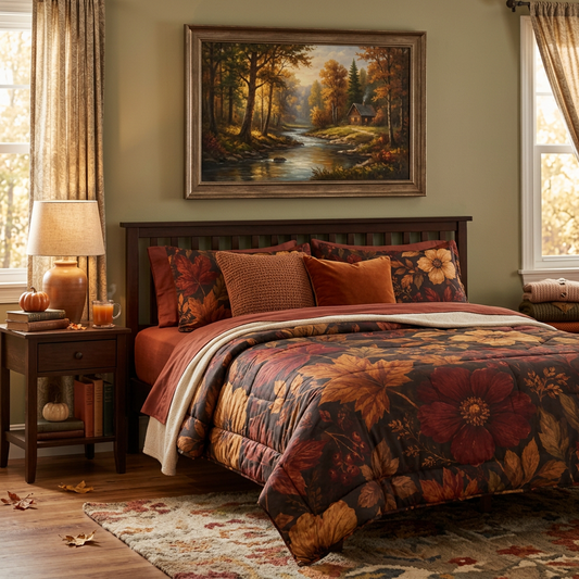 Rustic Fall Comforter — Warm Fall Floral Bedding in Rust & Golden Tones
