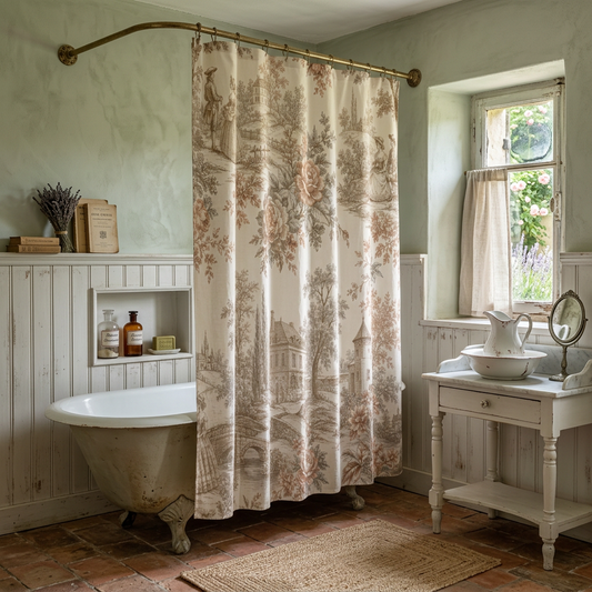 Château Rosé Shower Curtain – Soft Rose Scenic Bathroom Decor