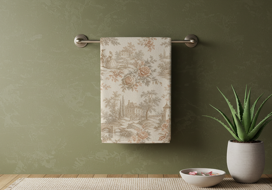 Château Rosé Cotton Towel — Soft Mink-Colored Floral & Cottage Print