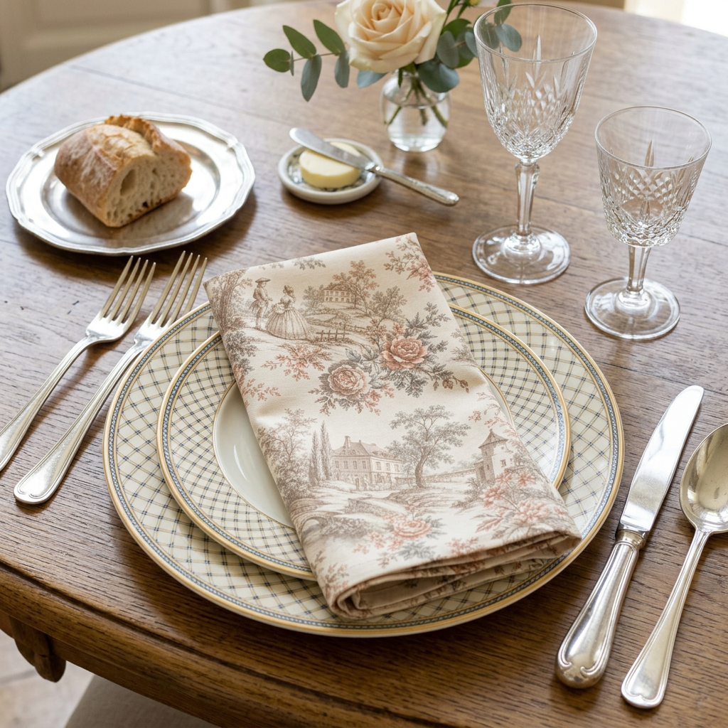 Château Rosé Napkins (Set of 4) — Elegant Floral & Countryside Pattern for Classic Table Settings