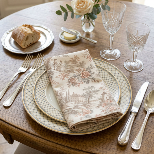 Château Rosé Napkins (Set of 4) — Elegant Floral & Countryside Pattern for Classic Table Settings