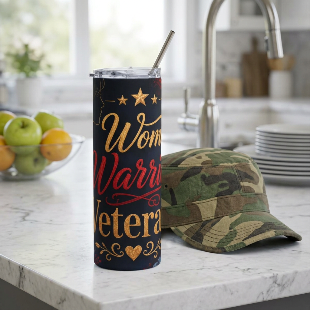 Woman Veteran 20oz Stainless Tumbler — Floral Patriotic Insulated Travel Cup