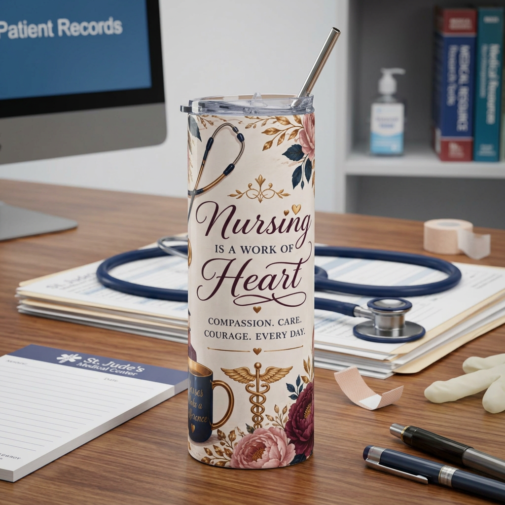 Nursing Is a Work of Heart 20oz Stainless Tumbler — Floral Nurse Gift