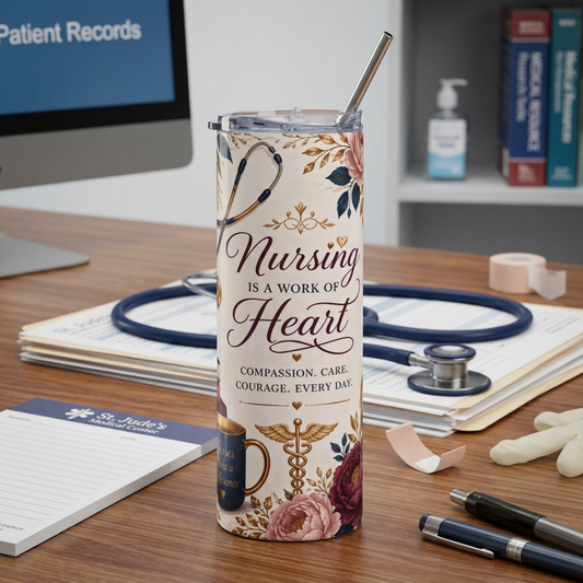 Nursing Is a Work of Heart 20oz Stainless Tumbler — Floral Nurse Gift