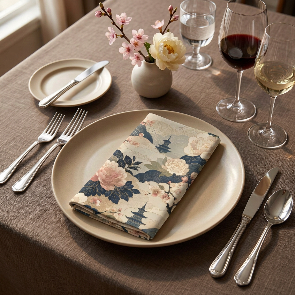 Kyoto Garden Cocktail Napkins — Asian-Inspired Peony & Cherry Blossom (Set of 4)