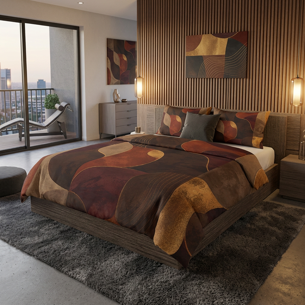 Ember & Earth Comforter — Retro Geometric Bedding in Warm Browns & Rust