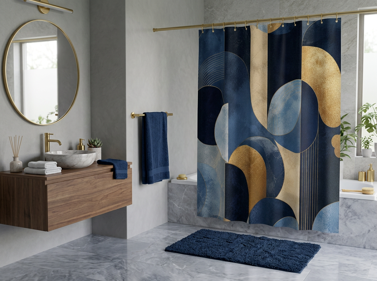 Azure Opulence Shower Curtain — Modern Mid-Century Bathroom Decor