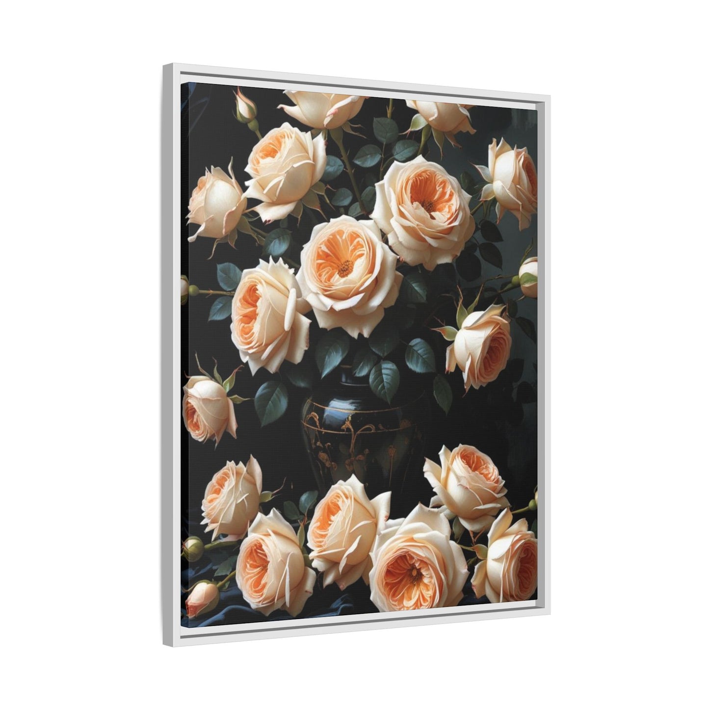 Peach Roses in Black Vase Floral Framed Matte Canvas Print
