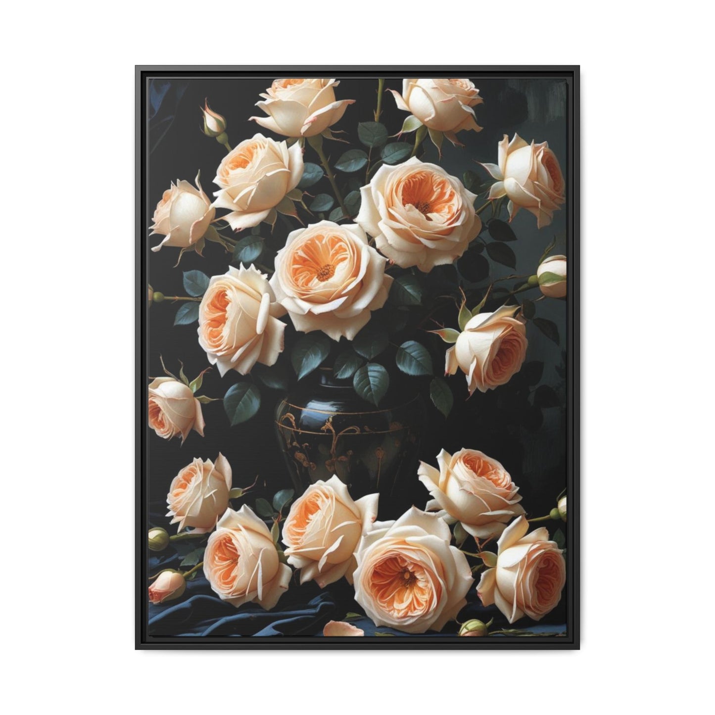 Peach Roses in Black Vase Floral Framed Matte Canvas Print