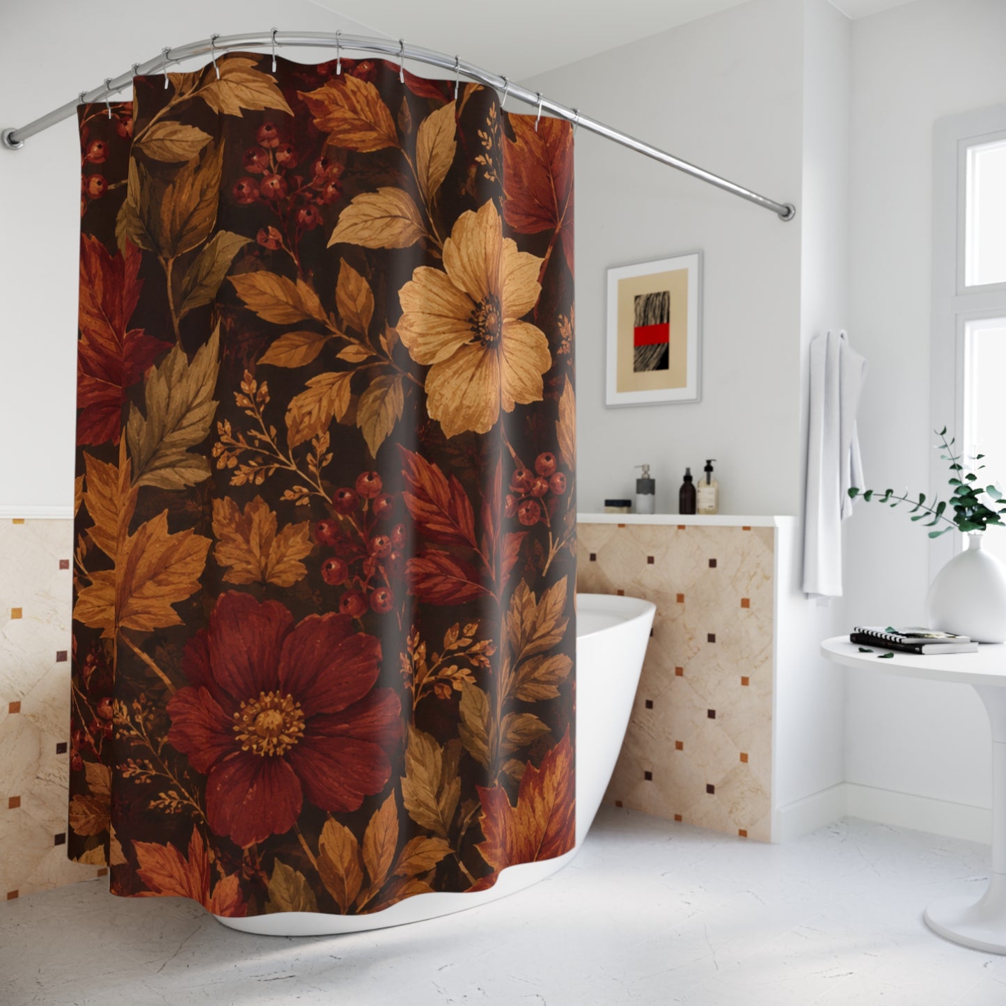 Rustic Fall Shower Curtain — Fall Leaves & Flowers Bathroom Decor