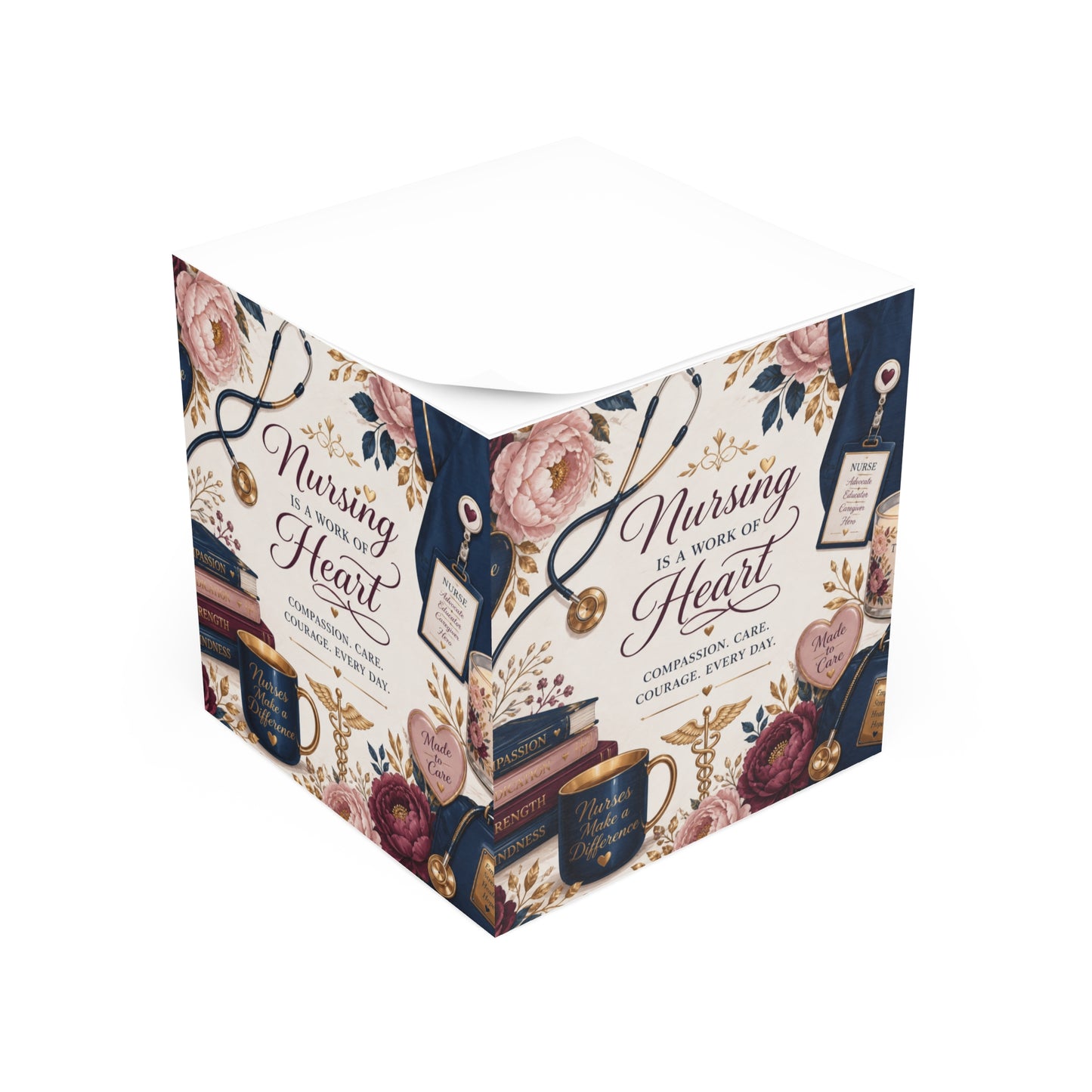Nursing Is a Work of Heart Note Cube – Floral Nurse Appreciation Memo Pad