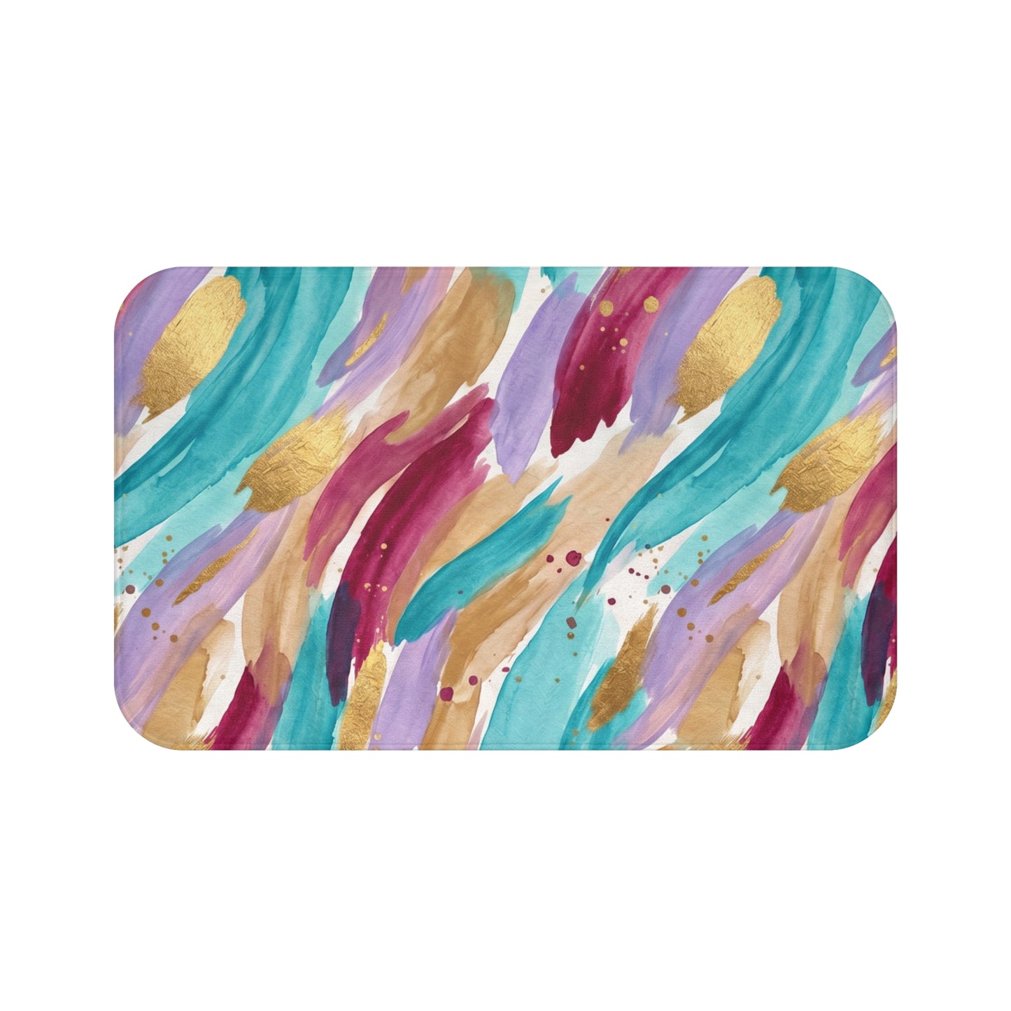 Abstract Watercolor Brushstroke Bath Mat — Teal, Gold & Berry Bathroom Rug