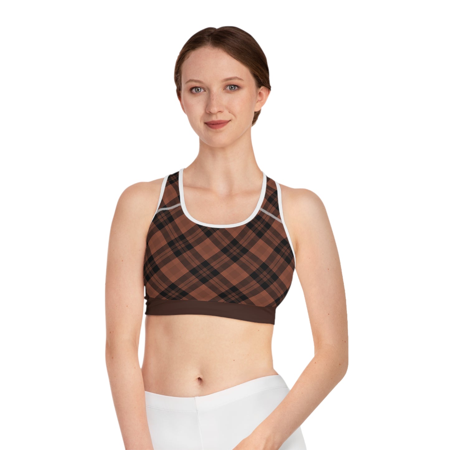 Brown w/Cocoa Trim Plaid Sports Bra (AOP)