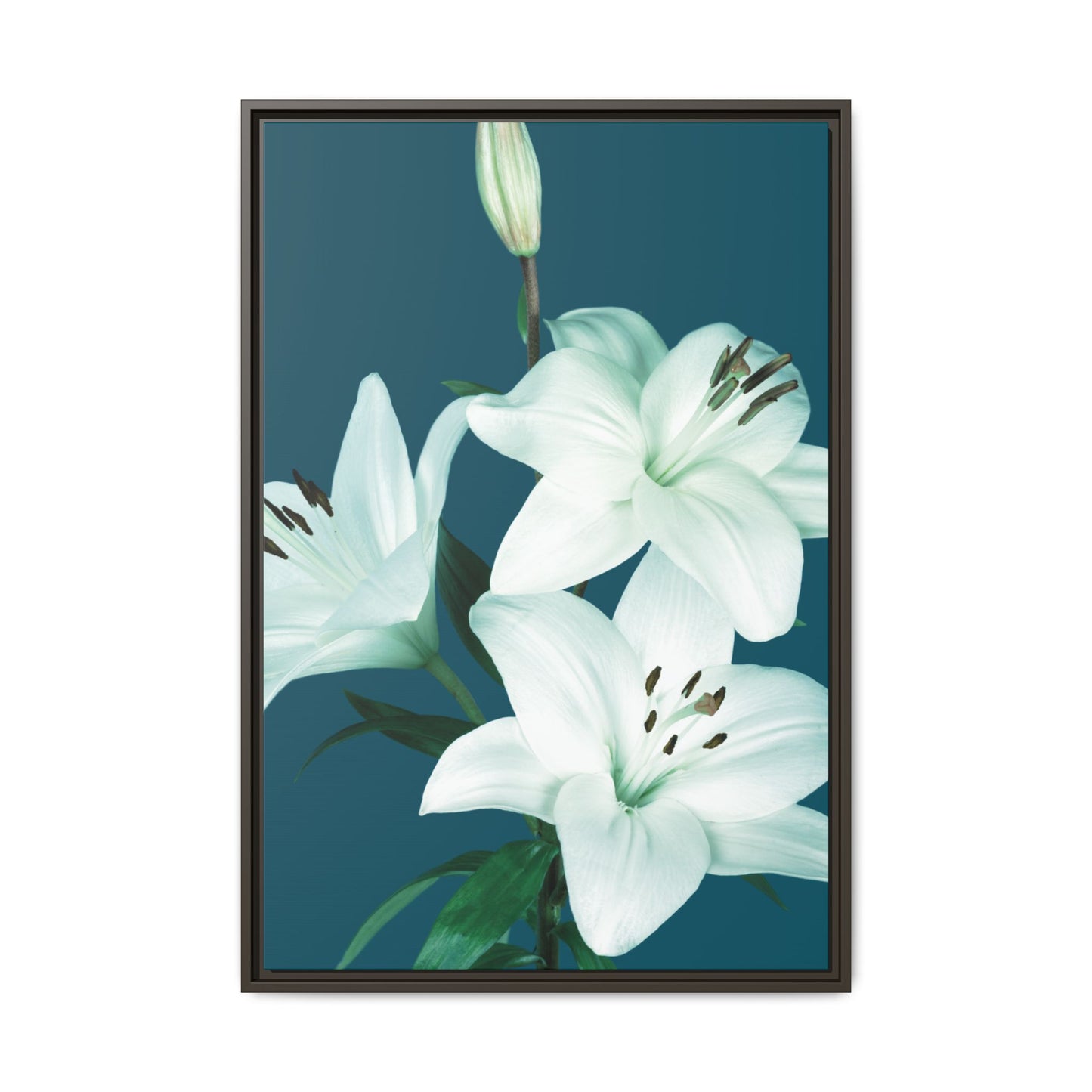 Teal Wave White Lily Botanical Framed Canvas Print