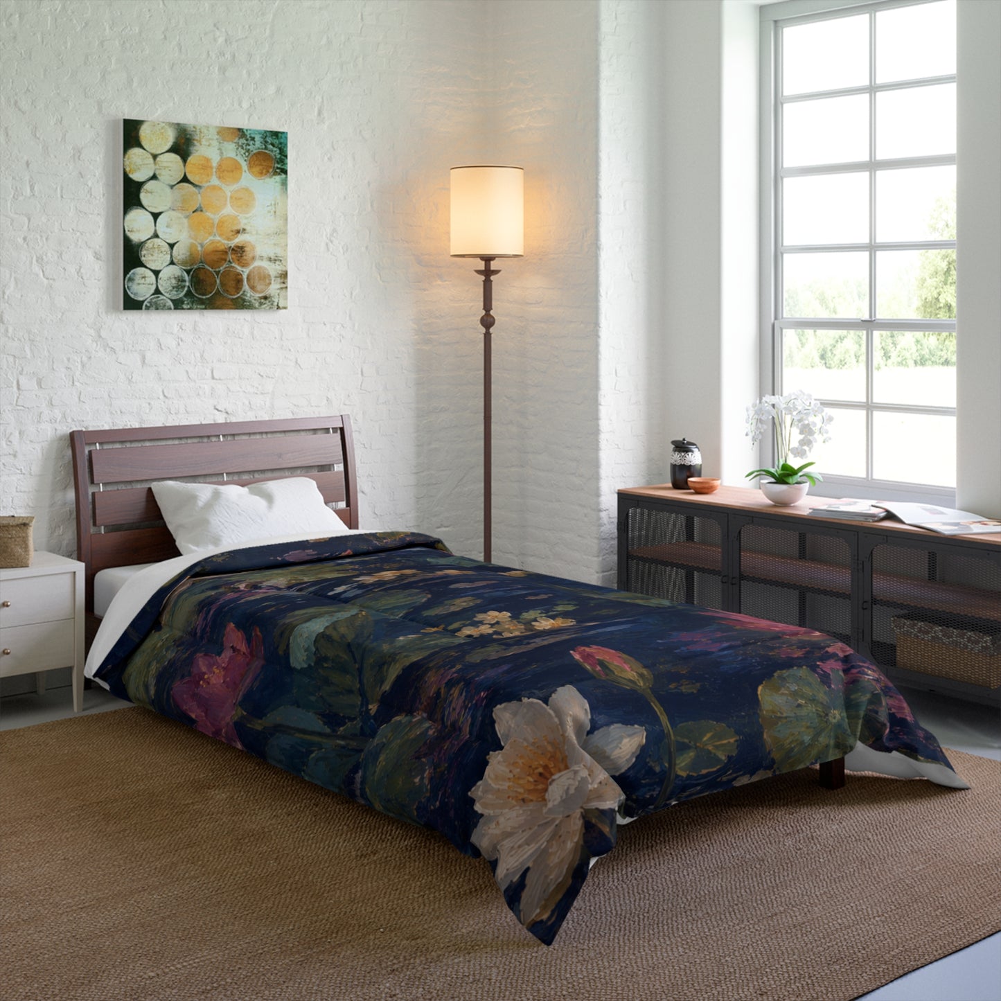 Dark Blue Lotus Pond - Floral Bedspread