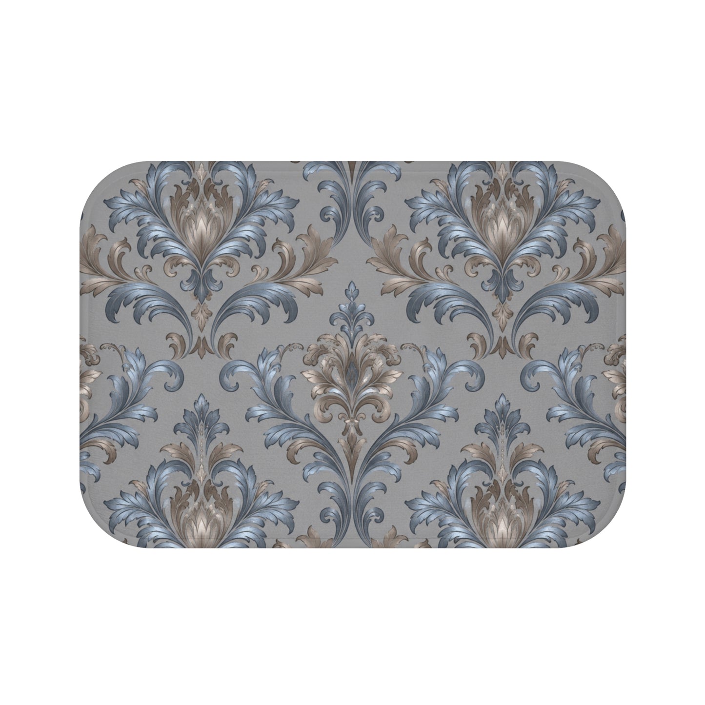 Elegant Blue Gray Damask Bath Mat — Vintage Floral Non-Slip Bath Rug