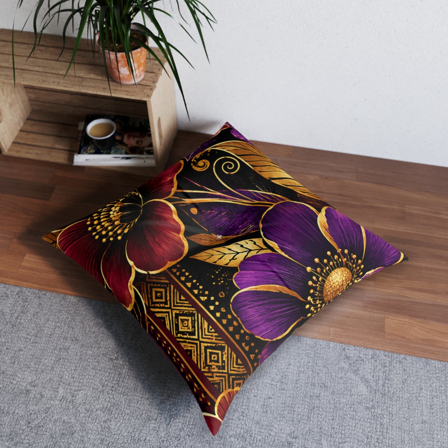 Zuri Garden Tufted Floor Pillow — Purple & Gold Decorative Cushion
