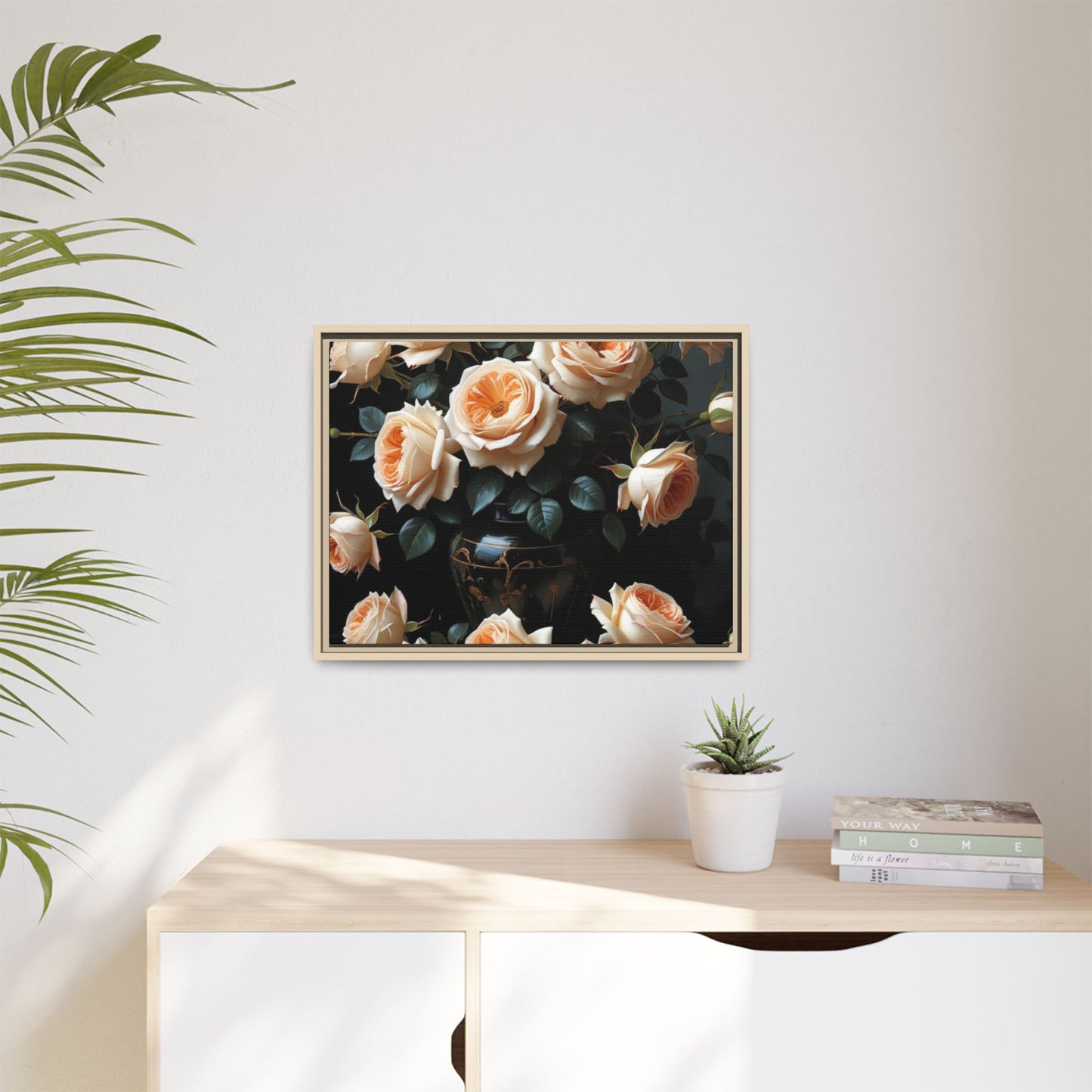 Peach Roses in Black Vase Floral Framed Matte Canvas Print