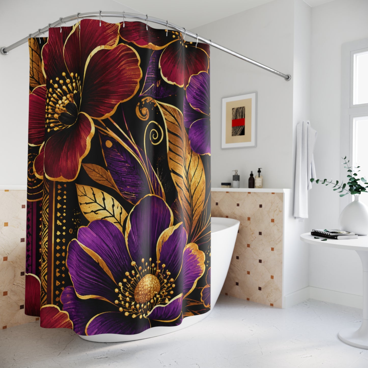 Zuri Garden Shower Curtain – African-Inspired Floral Bathroom Decor in Burgundy, Gold, Black & Purple