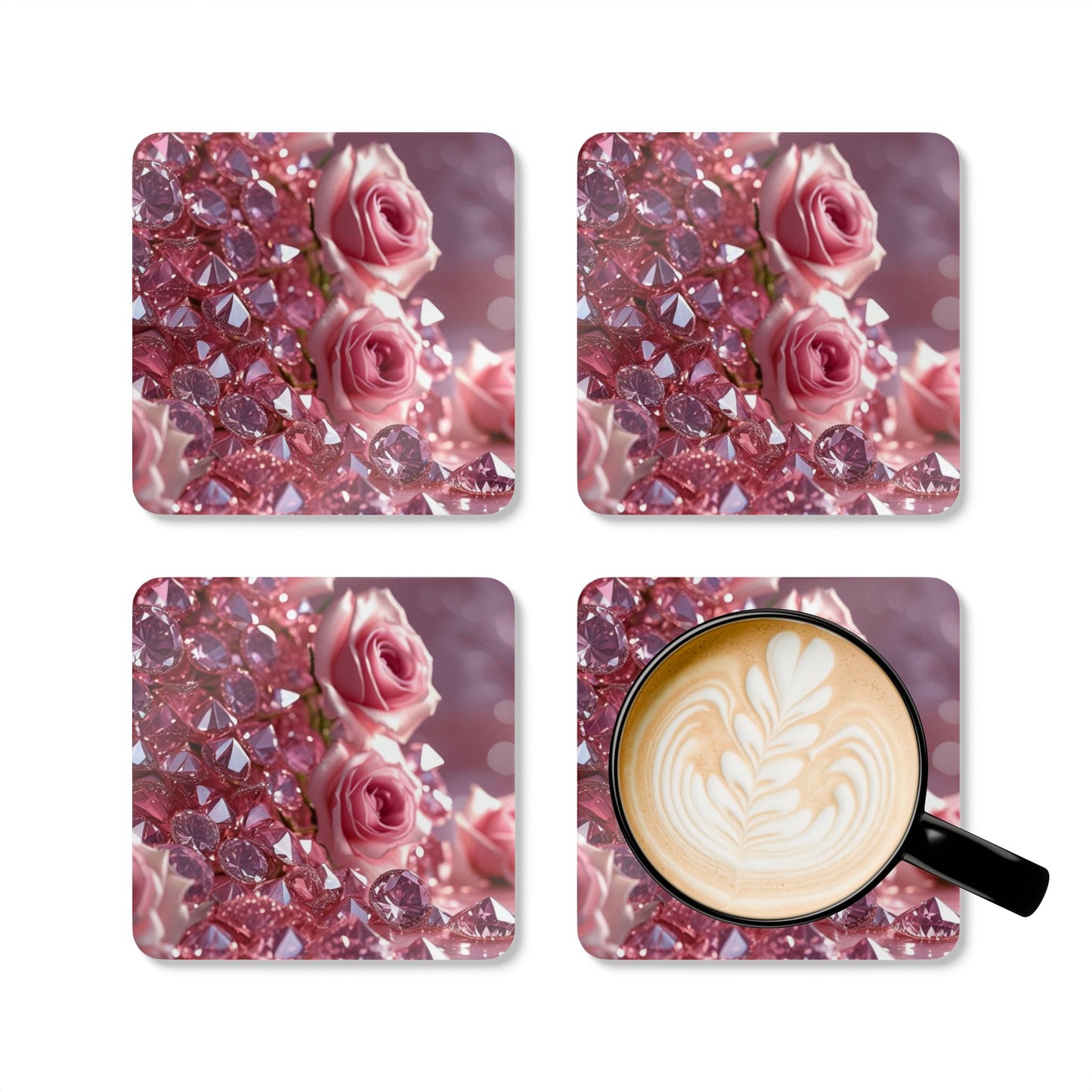 Pink Diamonds & Petals Corkwood Coaster Set
