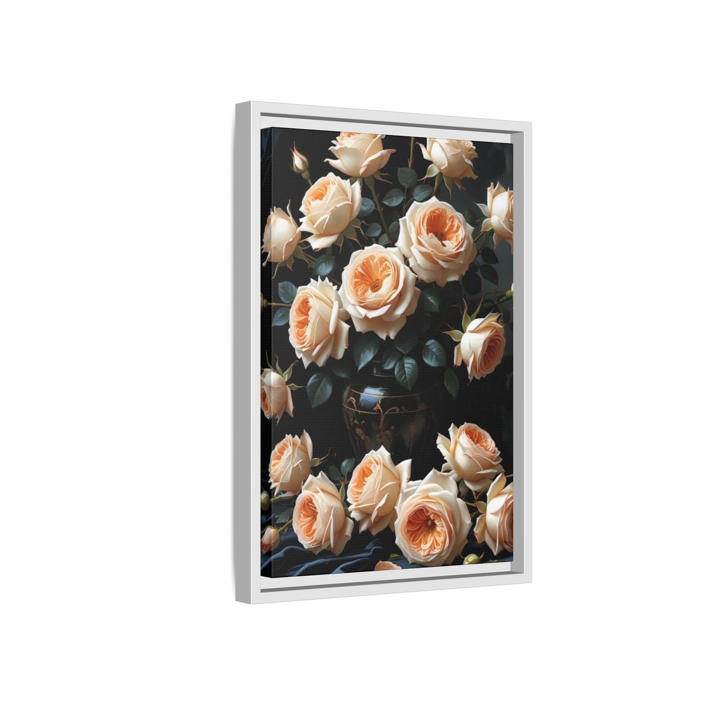 Peach Roses in Black Vase Floral Framed Matte Canvas Print